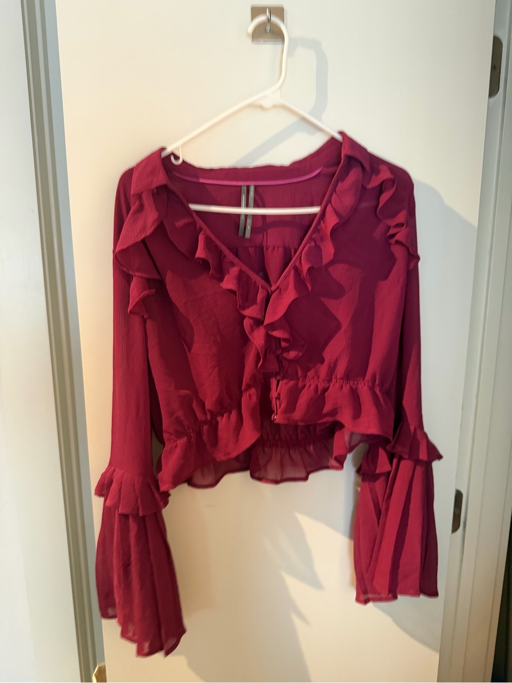 Anthropologie Raspberry Ruffled V-Neck Crop Blouse